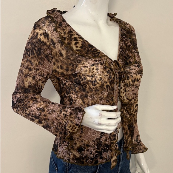 Vintage Euro Y2K But Mainly Leopard & Floral Print Ruffle Mesh Top Cavalli Vibes - Picture 3 of 6